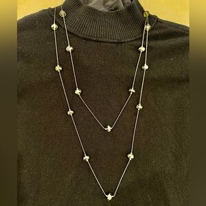 Long Double Layer Gold Bead Station Necklace Gunmetal-Tone Chain Dainty Layered